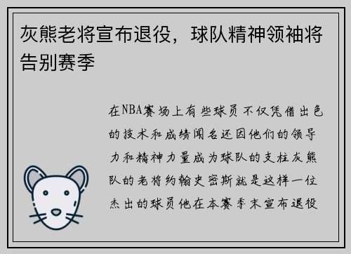 灰熊老将宣布退役，球队精神领袖将告别赛季