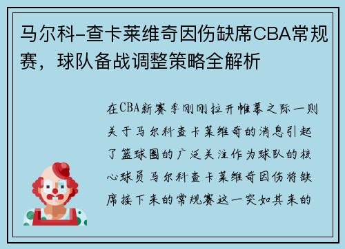 马尔科-查卡莱维奇因伤缺席CBA常规赛，球队备战调整策略全解析