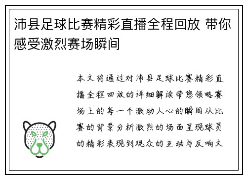 沛县足球比赛精彩直播全程回放 带你感受激烈赛场瞬间